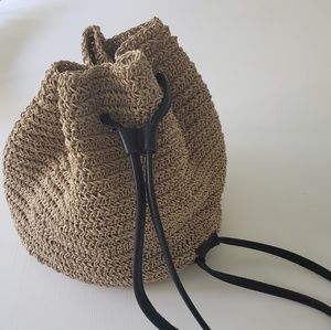 Eddie Bauer Drawstring Straw Backpack Tote Bag